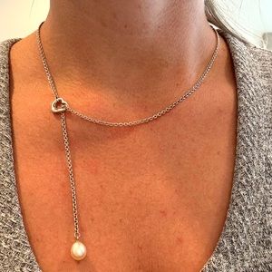 Tiffany & Co, Open Heart Lariat Necklace in Silver with Pearl, 9-9.5 mm